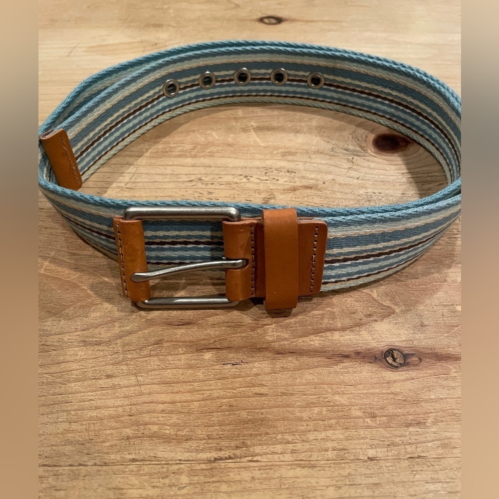 Eddie Bauer Leather Multicolored Canvas Striped Belt Unisex Preppy Business  XL